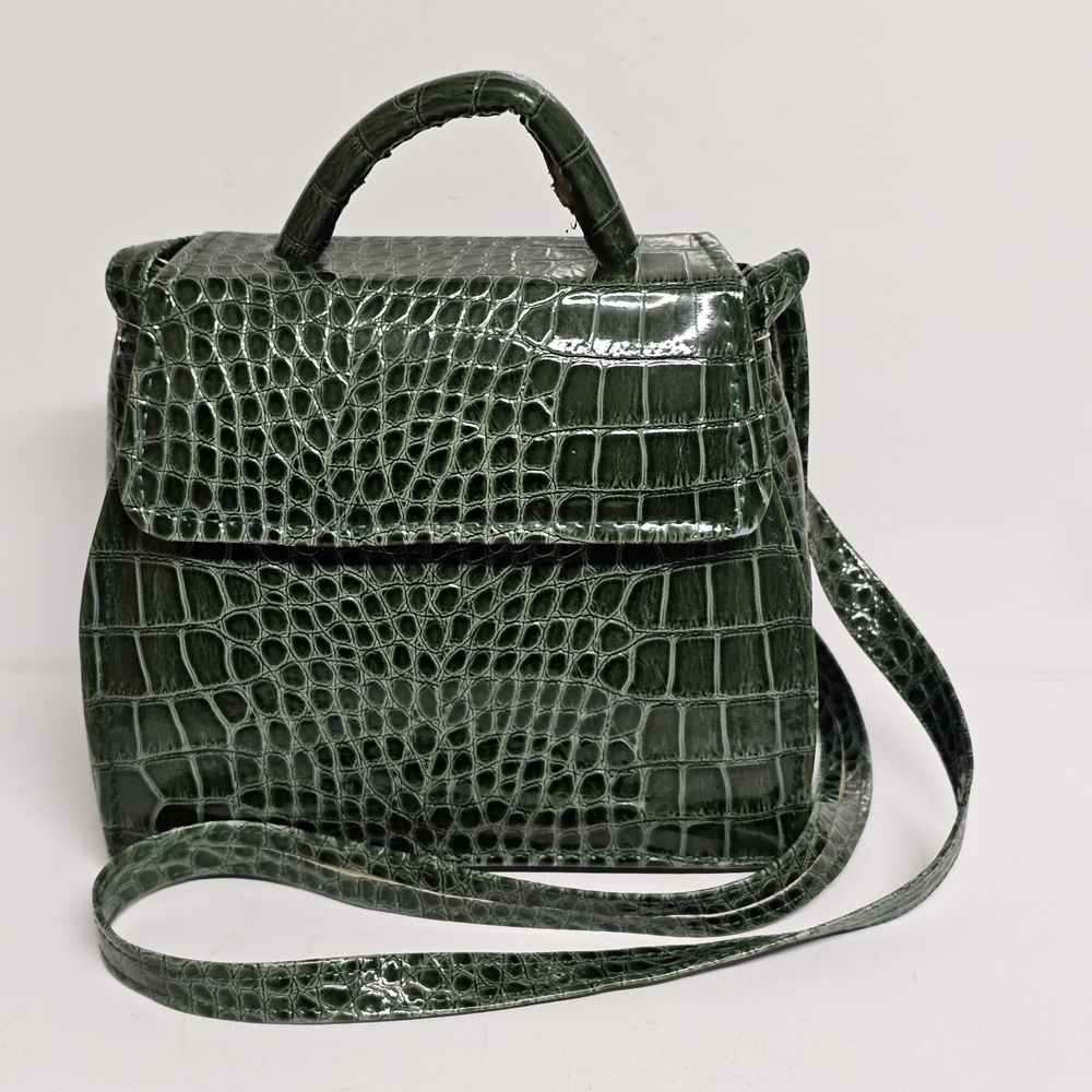 Green Croc-Embossed Faux Leather Crossbody Handbag